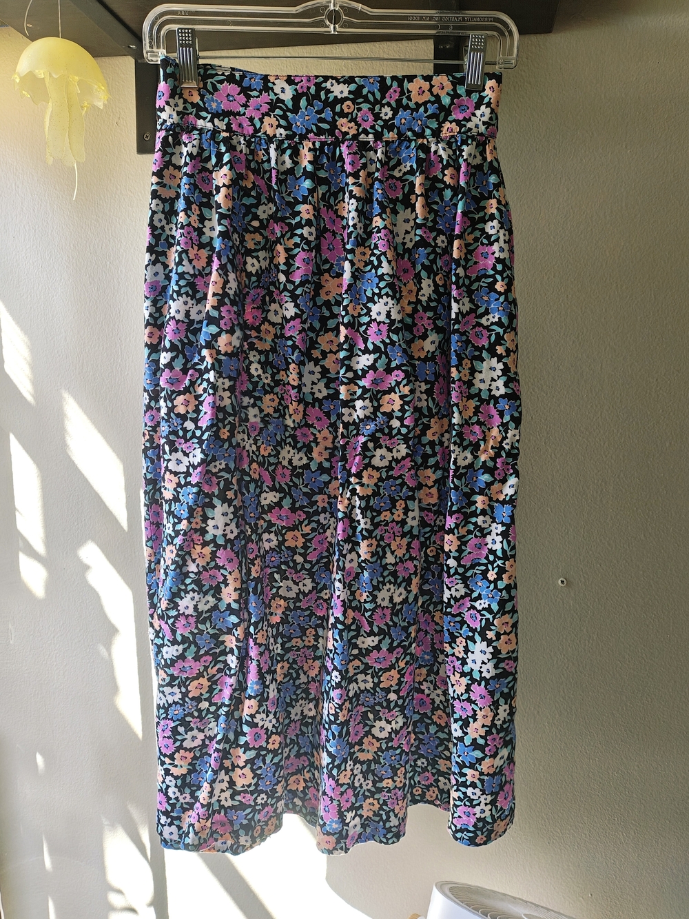 Black Floral Midi Skirt with Pink & Blue Flowers
